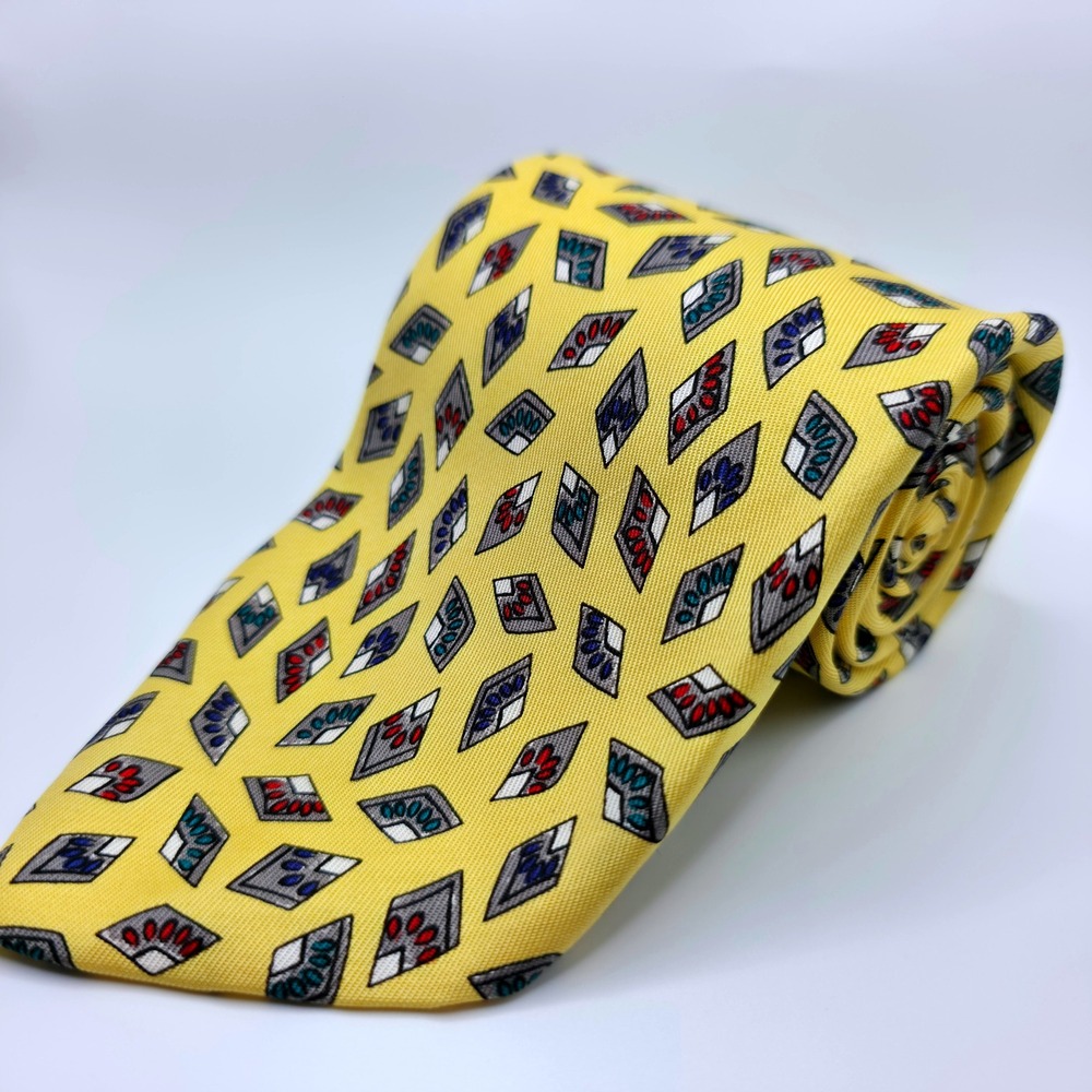 Robert Talbott Yellow Geometric Silk Necktie Menswear Business Silver Multicolor